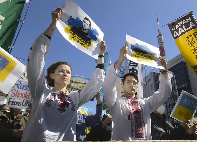 People protest against Russia’s invasion of Ukraine near the Russian Embassy in Tokyo’s Minato Ward on Feb. 28.
