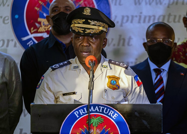 Haitian National Police Chief Leon Charles speaks during a news conference following the assassination of President Jovenel Moise, in Port-au-Prince, on July 11.