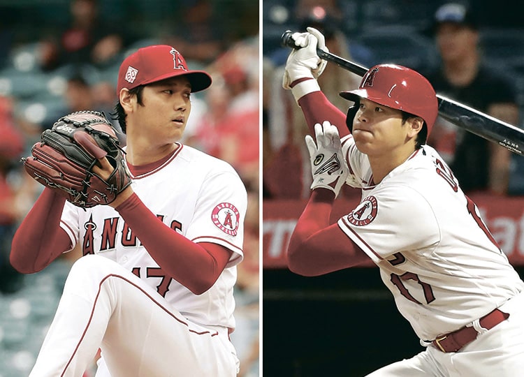 Two-way player Shohei Ohtani of the Los Angeles Angels is seen pitching and batting in this combined photo.