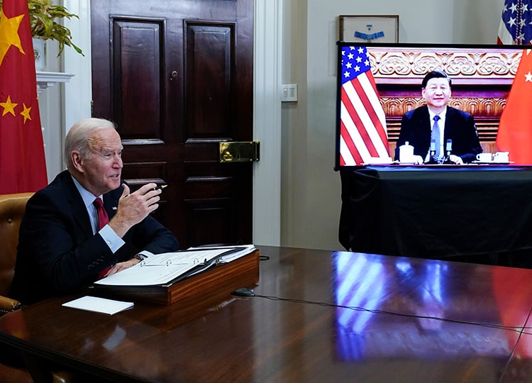 U.S. President Joe Biden meets virtually with Chinese President Xi Jinping from the Roosevelt Room of the White House in Washington on Nov. 15.