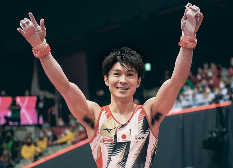 Kohei Uchimura reacts after competing in the horizontal bar event at the men’s team qualification during the Artistic Gymnastics World Championships at the Kitakyushu City Gymnasium in Kitakyushu, Fukuoka Prefecture, on Oct. 20, 2021.