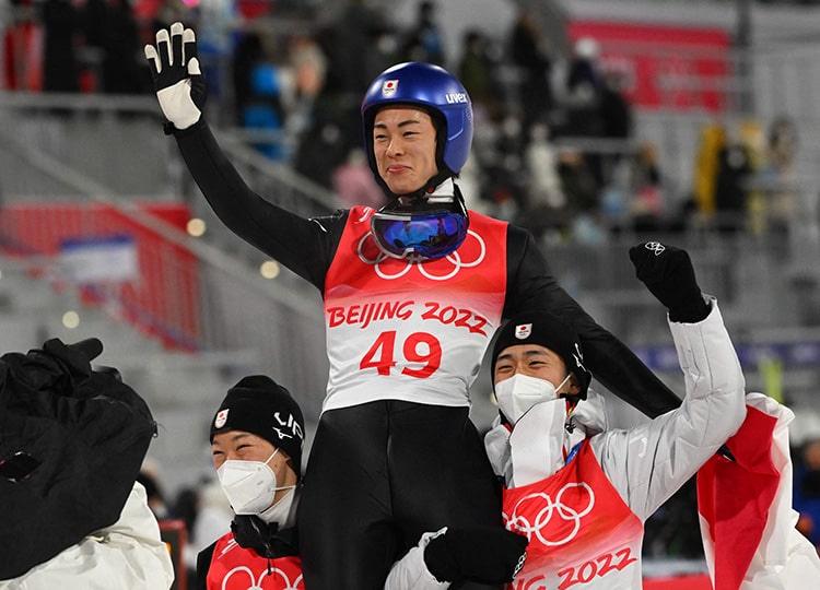 Ryoyu Kobayashi celebrates after winning the ski jumping men’s normal hill event on Feb. 6 at the Zhangjiakou National Ski Jumping Centre during the Beijing 2022 Winter Olympic Games.