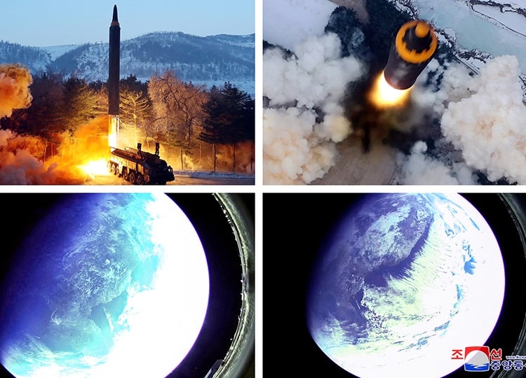 A combination image shows what appears to be a Hwasong-12 “intermediate and long-range ballistic missile” test, along with pictures reportedly taken from outer space.
