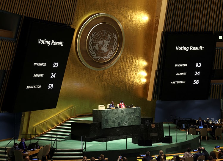 Displays show the voting results on suspending Russia from the United Nations Human Rights Council during an emergency special session at U.N. headquarters in New York on April 7.