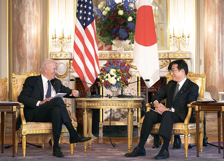 U.S. President Joe Biden and Japanese Prime Minister Fumio Kishida speak at the State Guesthouse in Tokyo on May 23.