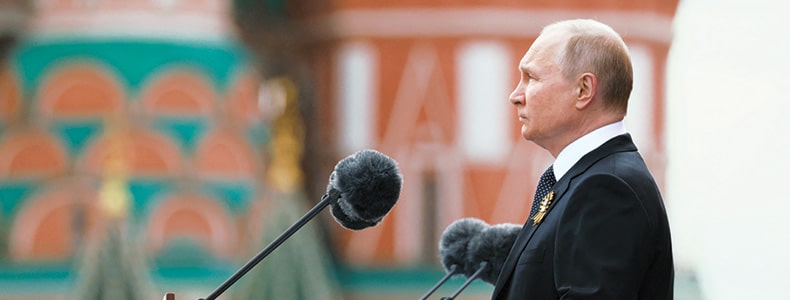 Russian President Vladimir Putin delivers a speech in Red Square in central Moscow on May 9.