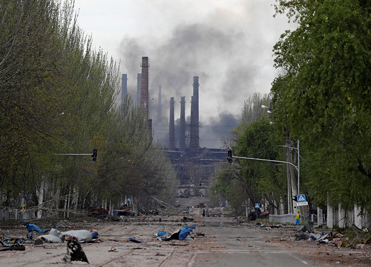 Smoke rises above an Azovstal plant in the southern port city of Mariupol, Ukraine, on May 2.